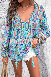 Intricate Floral Print V Neck Lace Up Paneled Long Sleeve Shirt