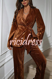Solid Color Velvet Pleated Long-sleeved Tie Top and Casual Pocket Straight-leg Pants Set