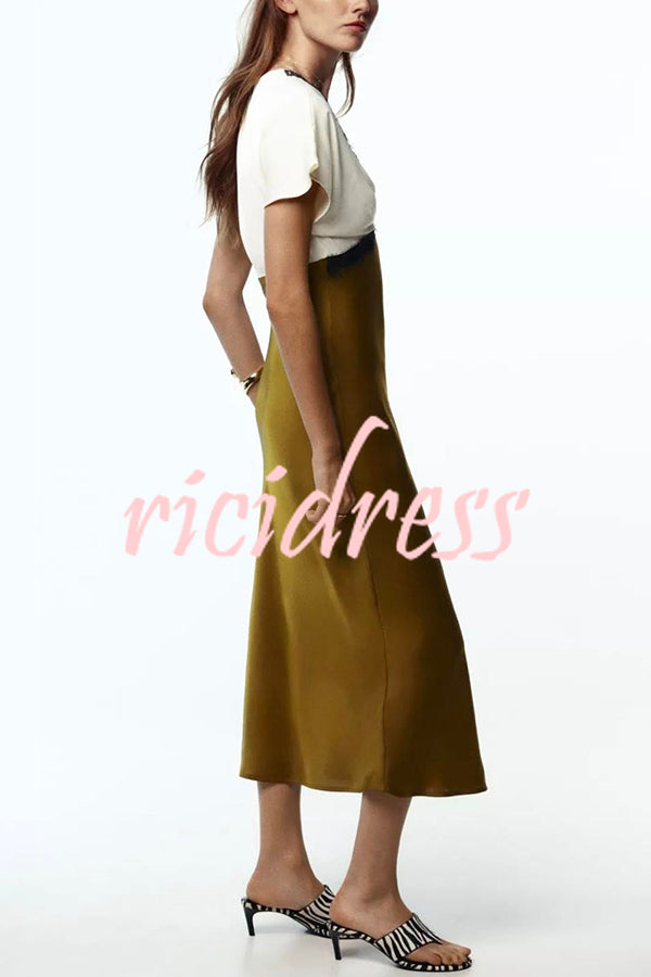 Fashionable Contrast Color V-neck Lace Stitching Maxi Dress