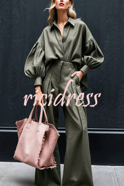 Solid Color Lapel Long-sleeved Loose Shirt and Casual Wide-leg Pants Set