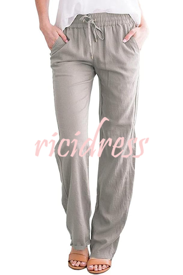 Soft Breathable Solid Color Drawstring Elastic Waist Long Straight Pants