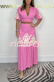 Stylish V-neck Puff-sleeved Crop Top and Elastic Waist Paneled Maxi Skirt Set