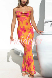 Sexy Slim-fitting Lace-up Printed Suspender Maxi Dress
