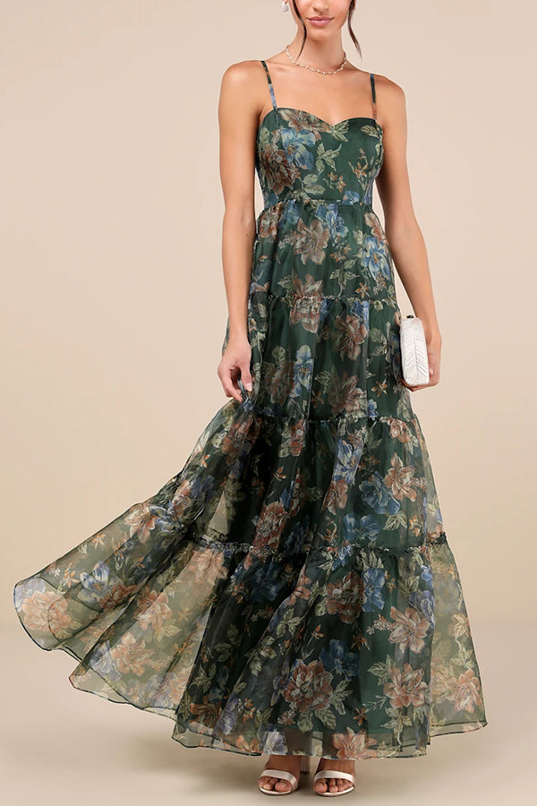 Exclusive Glamour Organza Floral Print Tiered Slip Maxi Dress