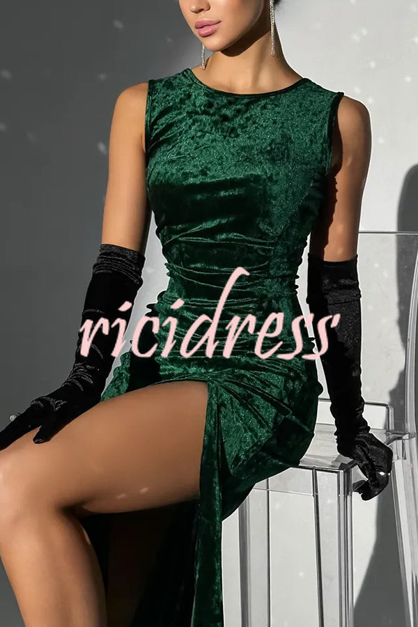 Solid Color Velvet Round Neck Sleeveless Slim Slit Maxi Dress