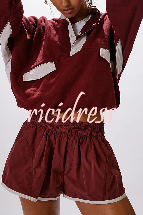 Fashion Contrast Color Stitching Stand Collar Long Sleeve Top and Elastic Waist Loose Pocket Shorts Set