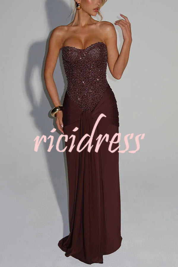 Carina Sequined and Satin Jersey Off Shoulder Ruched Knot Drape Maxi Dress