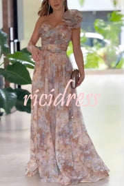 Romantic Ball Chiffon Floral One-shoulder Pleated Design Back Lace-up Gown Maxi Dress