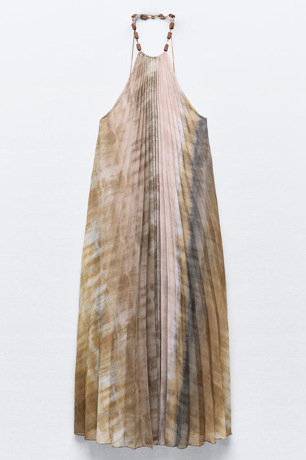 Tie-dye Printed Halter Neck Pleated Backless Midi Dress