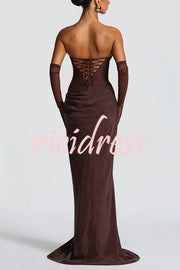 Liora Ruched Cowl Neck Sheer Mesh Waist Off Shoulder Scarf Maxi Dress