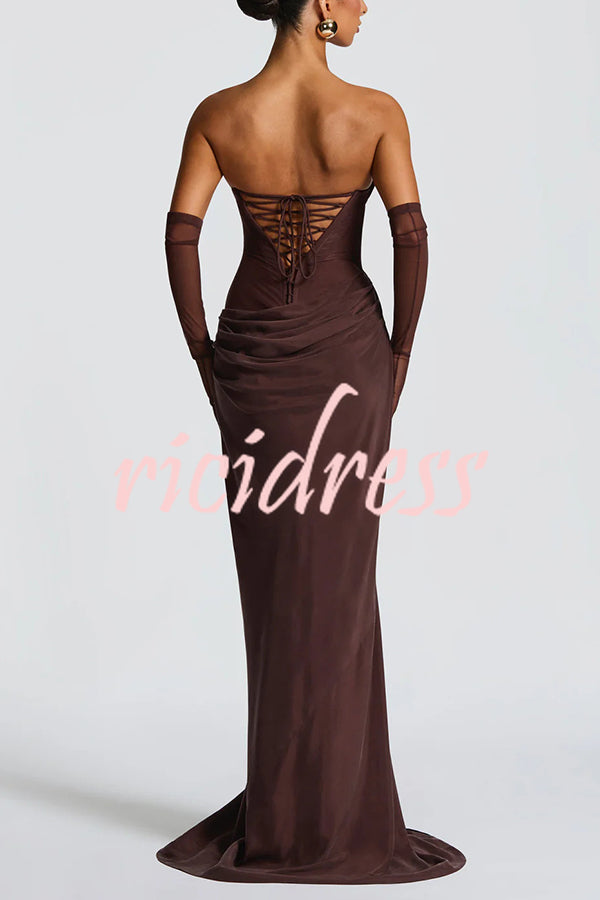 Liora Ruched Cowl Neck Sheer Mesh Waist Off Shoulder Scarf Maxi Dress