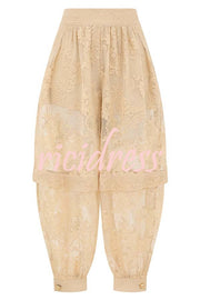 Ellie Lace Gathered Waist Pocket Button Ankle Cuffs Harem Pant
