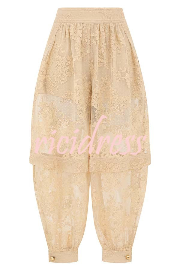 Ellie Lace Gathered Waist Pocket Button Ankle Cuffs Harem Pant
