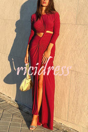 Solid Color Round Neck Long Sleeve Sexy Exposed Waist Slit Maxi Dress