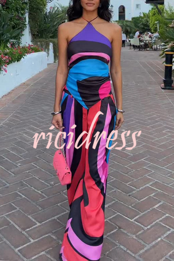 Jodie Unique Print Halter Scarf Tank and Elastic Waist Pocketed Wide Pants Set