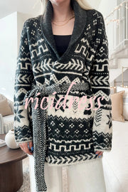 Winter Snowflake Waist Tie Lapel Midi Pocket Knit Cardigan