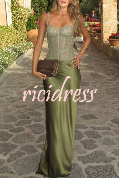 In A Fairytale Lace Satin Mid Rise Drape Maxi Skirt