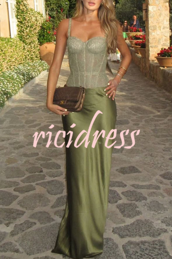 In A Fairytale Lace Satin Mid Rise Drape Maxi Skirt