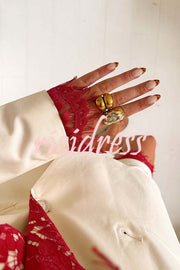 Love Letter Contrast Lace Detail Long Sleeve Wave Lapel Loose Blazer