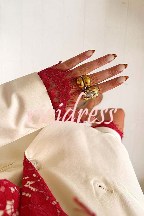Love Letter Contrast Lace Detail Long Sleeve Wave Lapel Loose Blazer