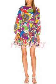 Zola Unique Print Balloon Sleeve Braid Belt Pleated Mini Dress