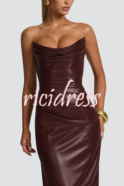 Alba Faux Leather Pleated Off Shoulder Neck Slit Stretch Maxi Dress