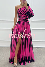 Purely Charming Printed Rose Pendant One Shoulder Pleated Slit Maxi Dress