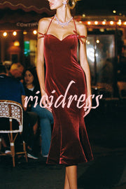 Althea Velvet Sweetheart Neck Bow Strap Fishtail Hem Stretch Midi Dress