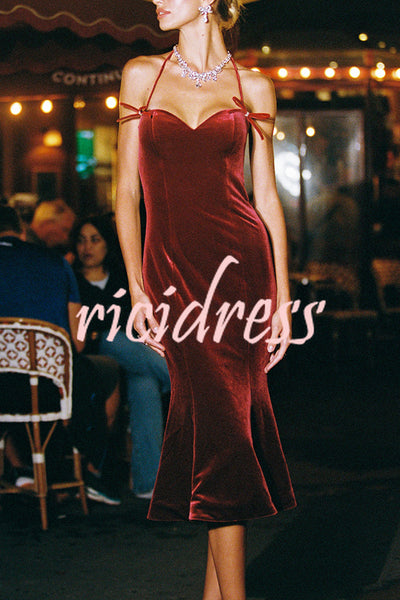 Althea Velvet Sweetheart Neck Bow Strap Fishtail Hem Stretch Midi Dress