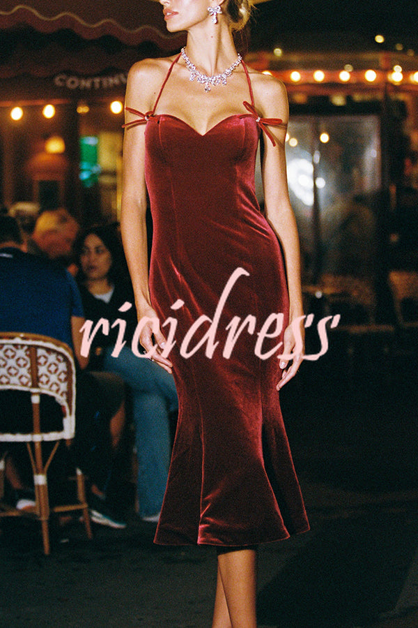 Althea Velvet Sweetheart Neck Bow Strap Fishtail Hem Stretch Midi Dress