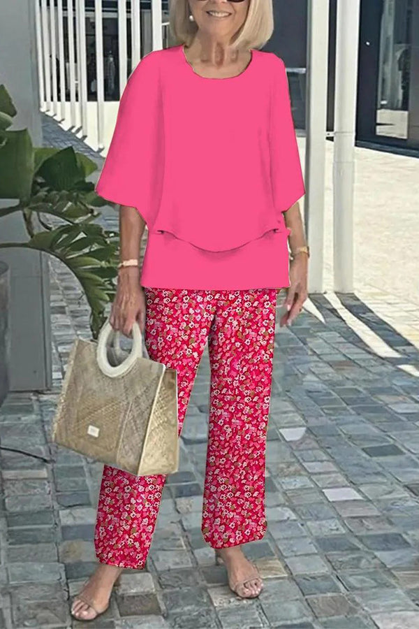 Fashion Round Neck Half Sleeve Loose Top and Elastic Waist Casual Straight Pants Set