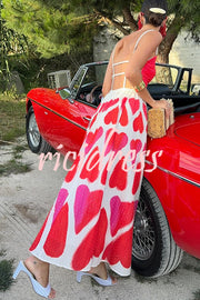 Full of Love Heart Shape Print Cutout Spaghetti Strap Backless Maxi Dress