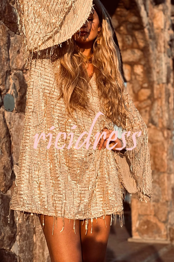 Flowing Shimmer Sequin Tassel Fabric Bell Sleeve Back Tie-up Loose Mini Dress
