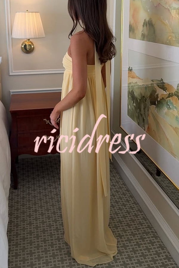 Butter Yellow Ruched Bust Off Shoulder Scarf A-line Maxi Dress