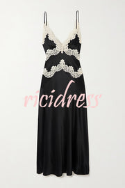 Dreaming of You Contrast Color Satin Lace Trim Back Tie-up Slip Midi Dress
