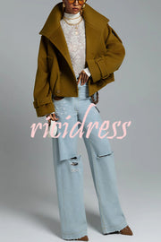 Ellie Epaulettes Stand Neck Double-Breasted Pocket Cropped Loose Woolen Coat