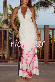 Floral Print Sexy Halterneck Open Back Pleated Slim Maxi Dress