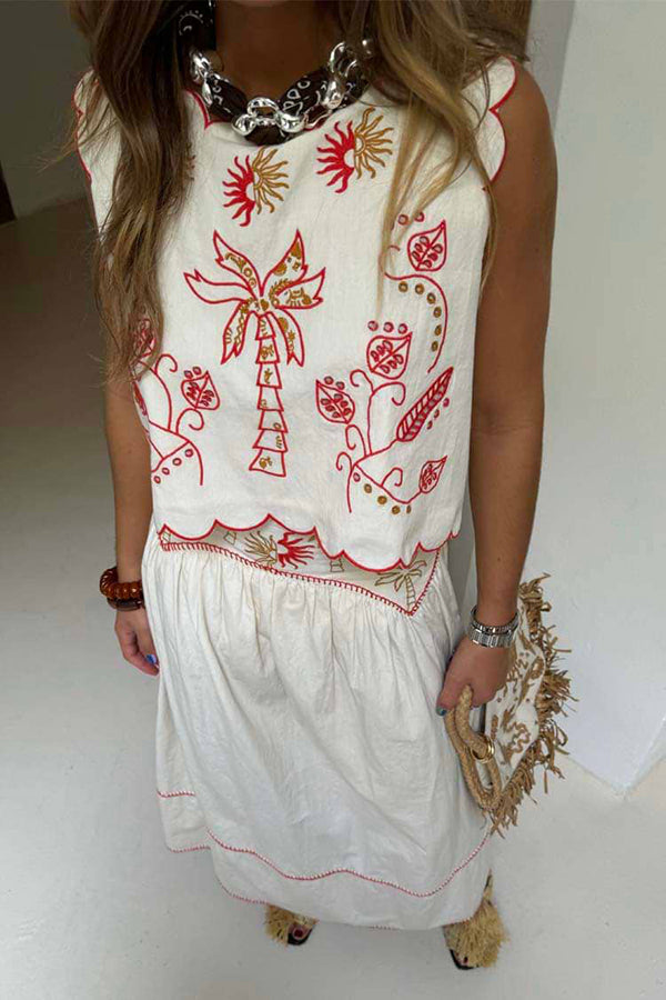 Sunny Day Linen Blend Contrast Embroidered Print Scallop Trim Lace-up Top