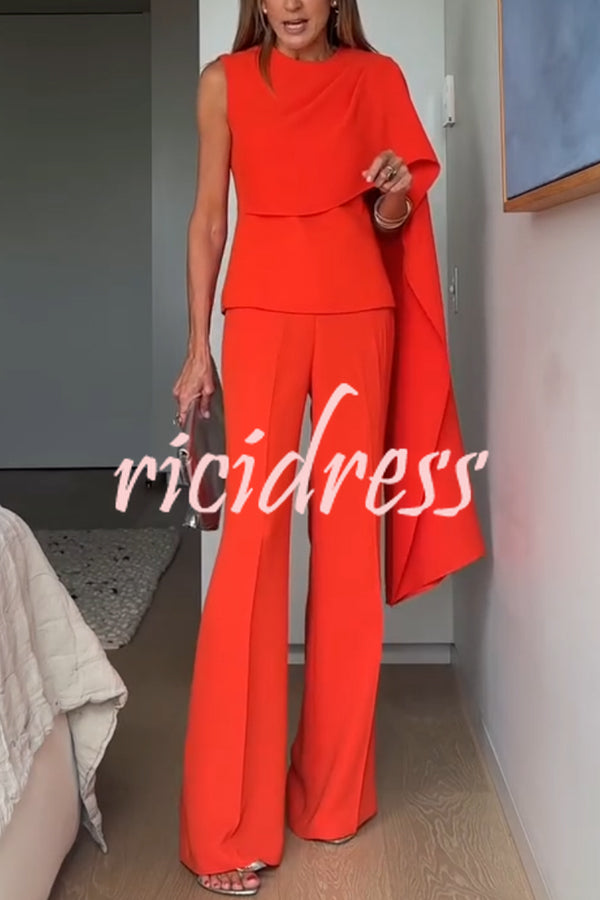 Perfect Balance Asymmetric Draped Cape Top and High Waist Flared Pants Set