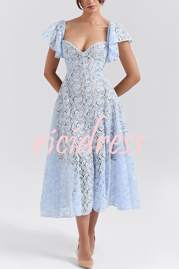 Romantic Atmosphere Bluebell Lace Butterfly Sleeve Sweetheart Neck Stretch Midi Dress