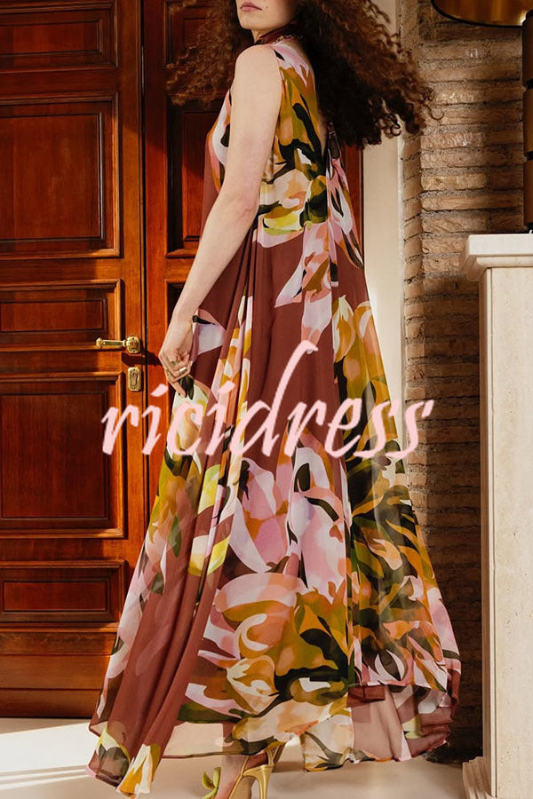 Beachside Bliss Floral Print V-neck Scarf A-line Maxi Dress