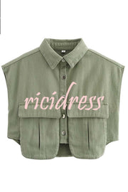 Stylish Weekend Denim Button Up Cape Sleeve Pocket Crop Top