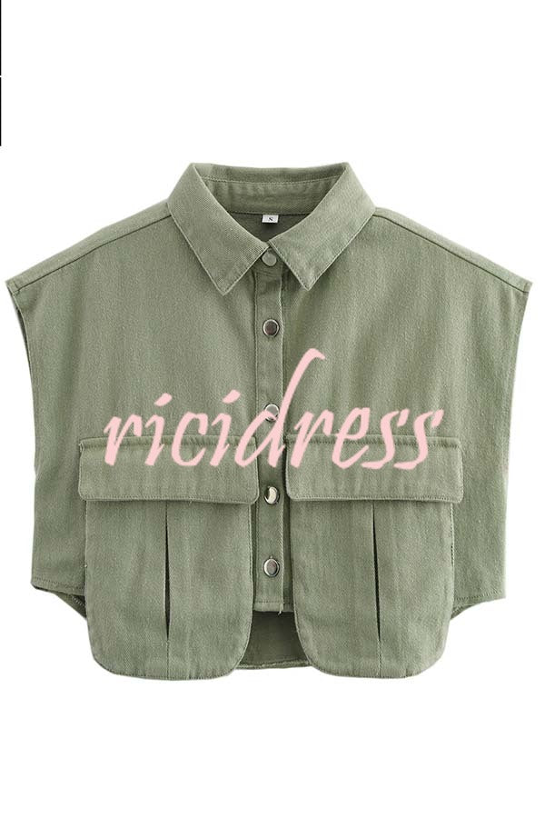Stylish Weekend Denim Button Up Cape Sleeve Pocket Crop Top