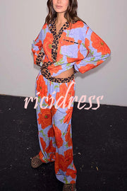Color-block Poppy Leopard Print Trim Loose Shirt and Elastic Waist Pocketed Pajama Set