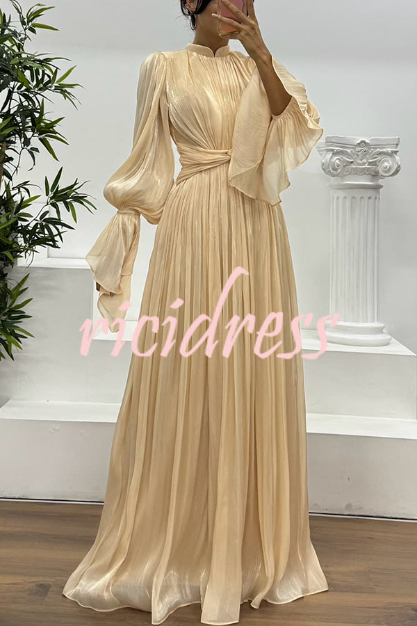 Ellah Shiny Fabric Chinese Stand Collar Twist Waist Balloon Sleeve Maxi Dress