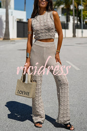 Solid Color Hollow Sleeveless Round Neck Knitted Vest and Stretch Casual Straight Pants Set
