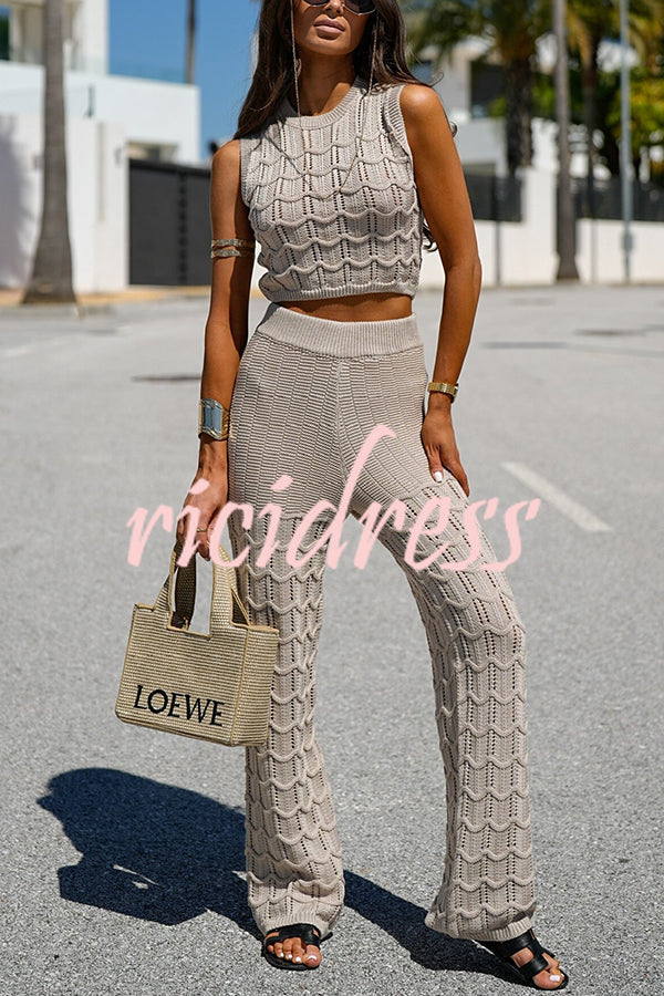 Solid Color Hollow Sleeveless Round Neck Knitted Vest and Stretch Casual Straight Pants Set