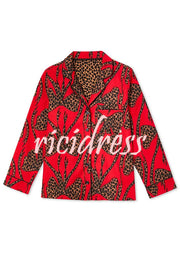 Stylish Colorblock Leopard Print Loose Shirt and Elastic Waist Pocketed Pajama Set