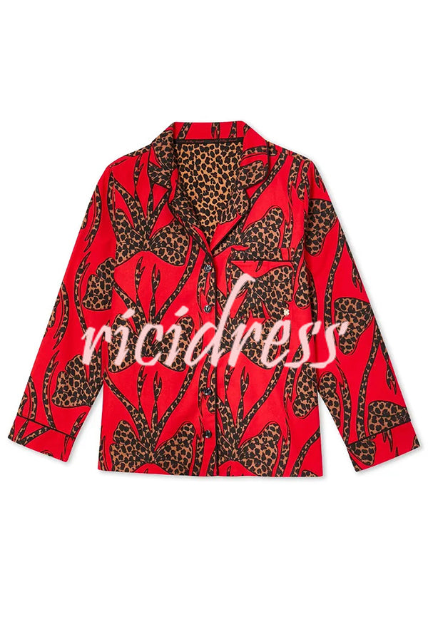 Stylish Colorblock Leopard Print Loose Shirt and Elastic Waist Pocketed Pajama Set