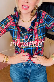 Duke of York Holiday Plaid Ruffle Stand Neck Half Sleeve Blouse